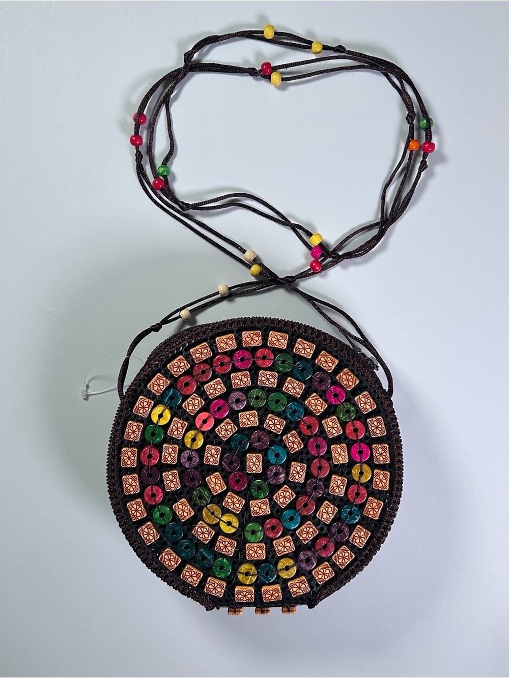 Round Beaded Crossbody Bag in Black with Multicolor Accents